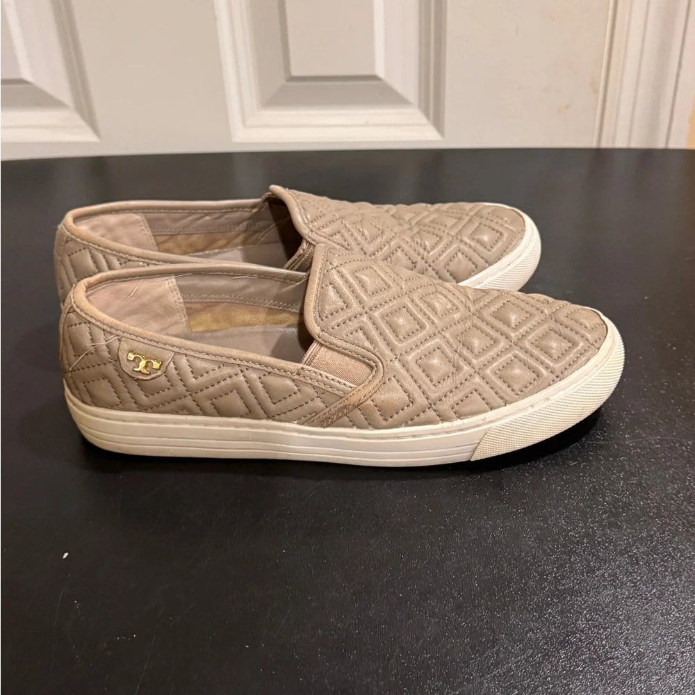 Tory Burch taupe Quilted Slip-On leather Sneakers